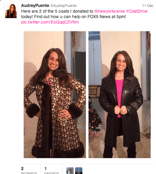 Audrey Puente of Fox 5 covered the Coat Drive's increased demand for coats and even shared her own donation on Twitter.
