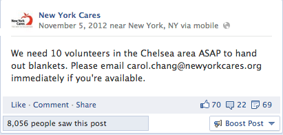 After Hurricane Sandy, the fastest way to reach volunteers was through social media. 20 minutes after posting this to our Facebook page, the project was filled.